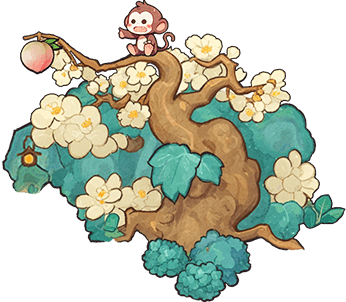 花朵簇拥的山石与树上的小猴